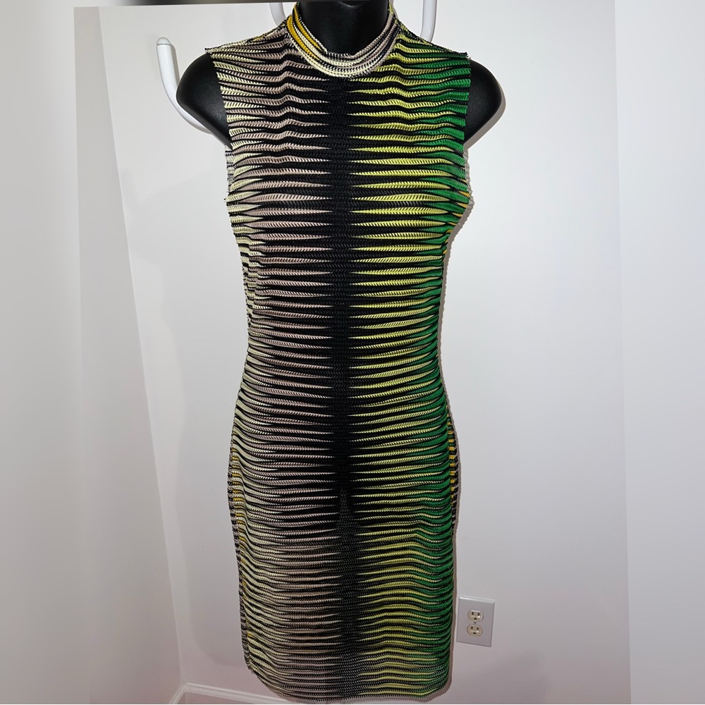 Black Yellow and Green Bodycon Midi Dress with Mock Neck